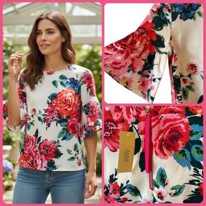 Jade Women's Top - Red and Cream Floral NWT Size XS